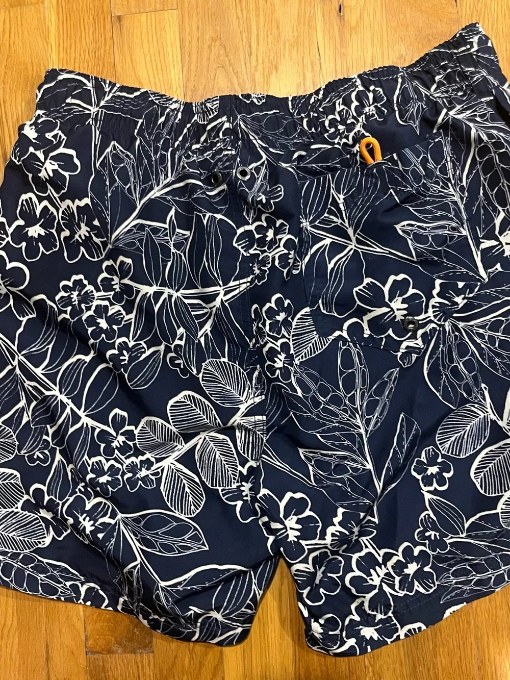 Lands' End Navy Blue Floral Swim Trunks with White Print and Orange Drawstring